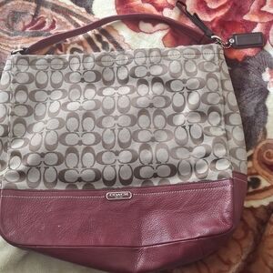 Coach Signature Canvas Hobo Bag in Brown and Burgundy